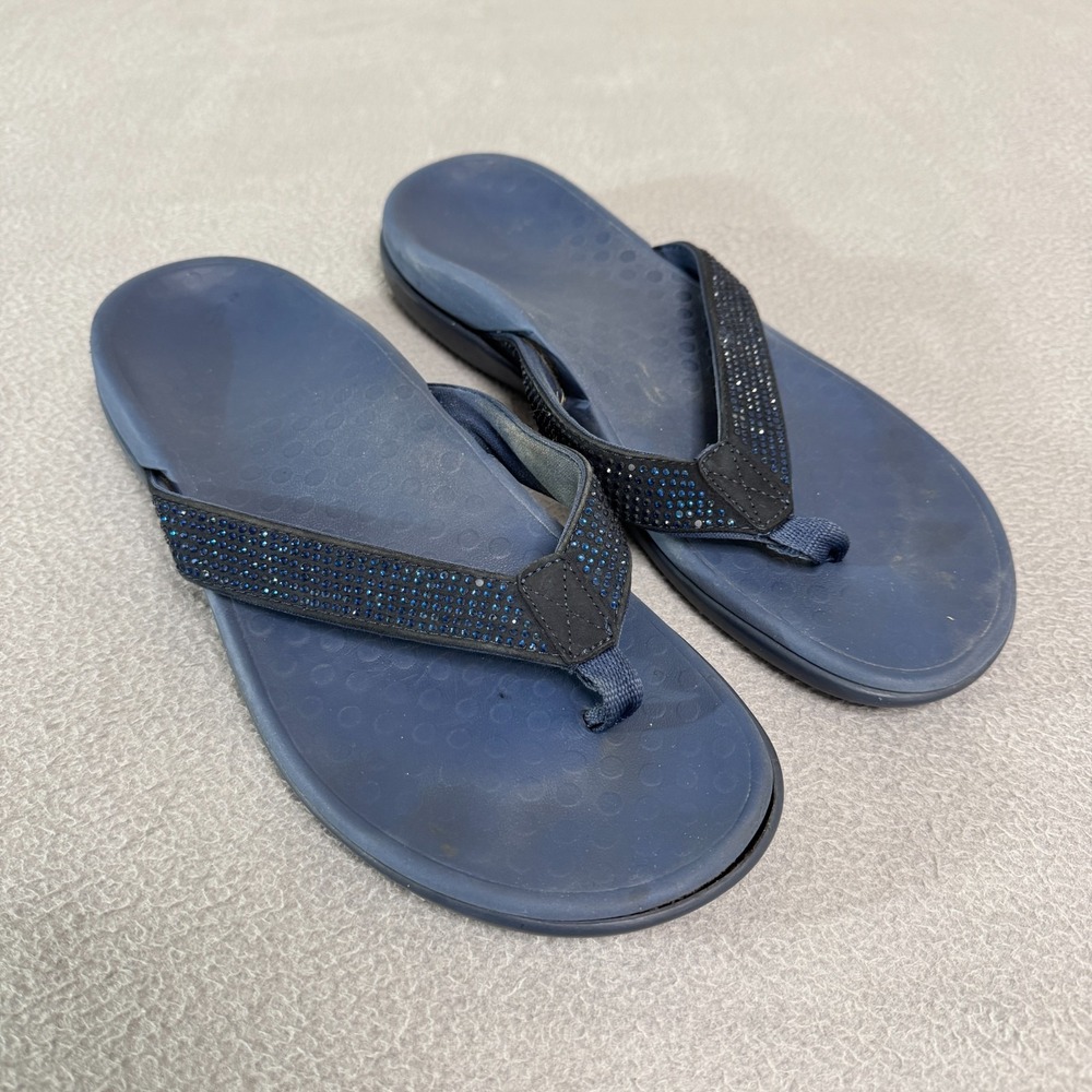 Vionic Sandals Womens 9 Blue Tide Rhinestone Flip Flop Orthotic Comfort Support